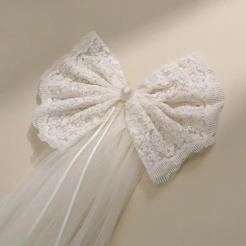 white lace bow bridal and flower girl hair clip — image 5 White Lace Bow Bridal and Flower Girl Hair Clip — detail 4