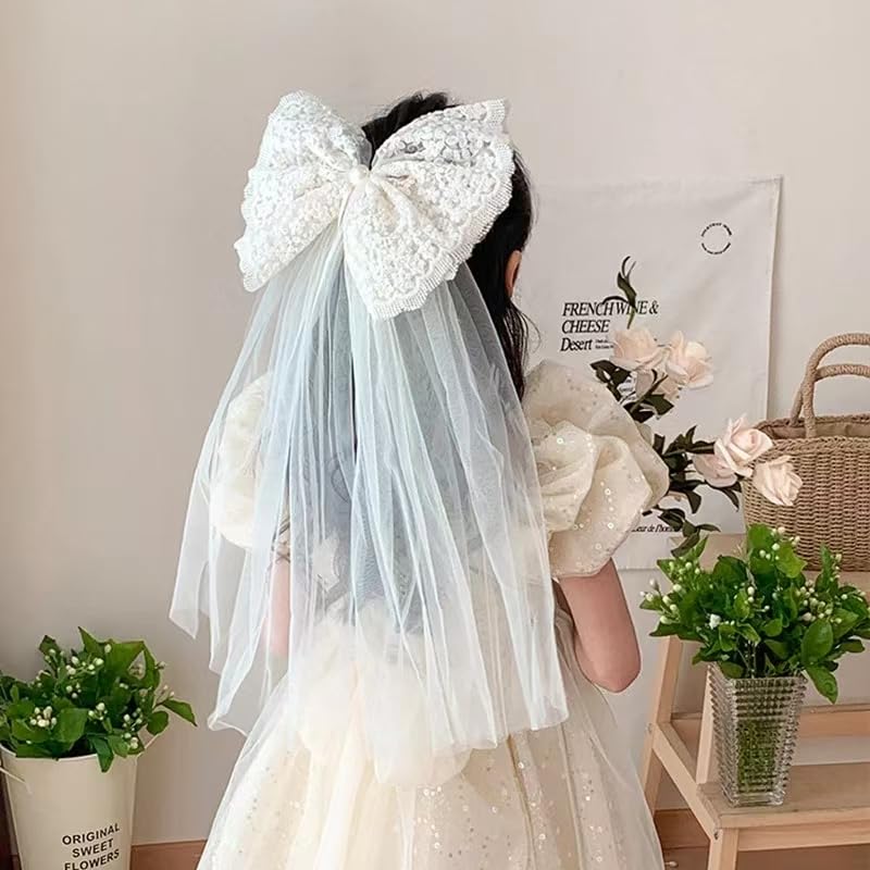 white lace bow bridal and flower girl hair clip — image 6 White Lace Bow Bridal and Flower Girl Hair Clip — detail 5